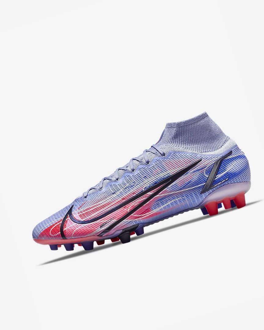 Botas de Futbol Nike Mercurial Superfly 8 Elite KM AG Hombre Indigo Rojas Claro Metal Plateadas | AR1114